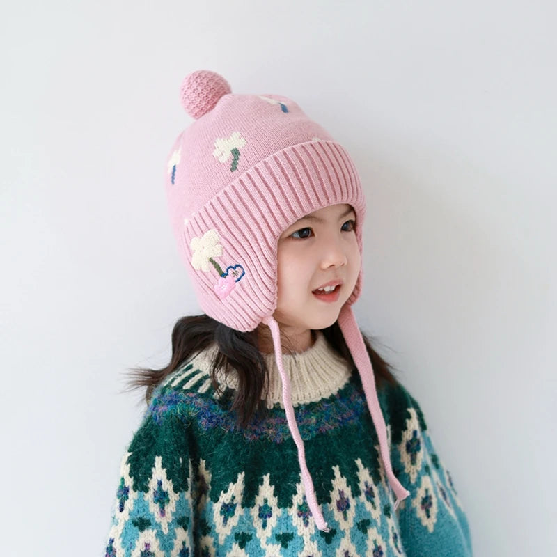 5 Colors Winter Girls Pink Hat Cute Ear Protection Cap Kids Warm Knitted Beanie Hats Outdoor Baby Headwear Accessories 2-8Y