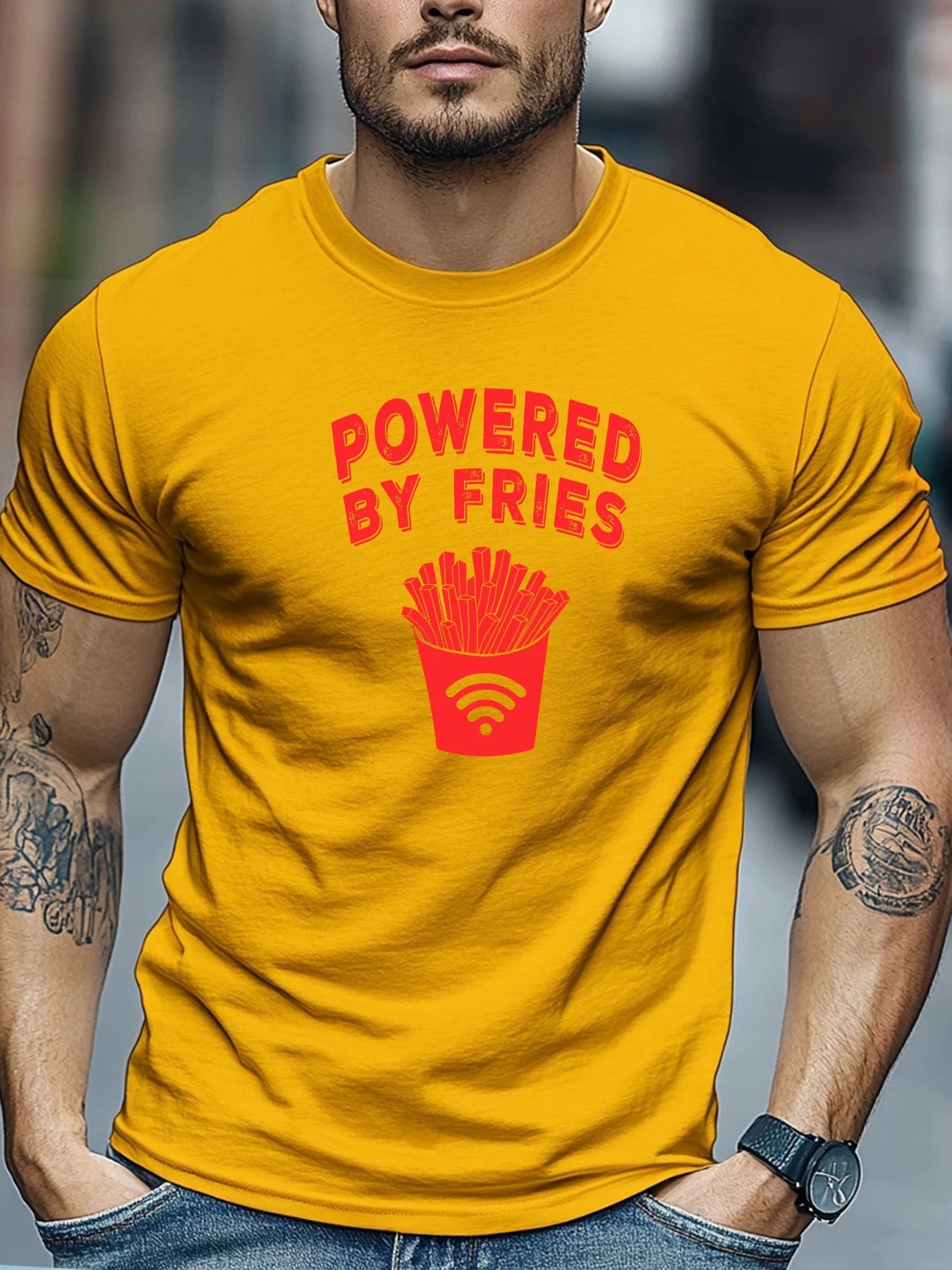 Men's t shirts POWERED BY FRIES Graphic Summer Soft Comfort Fit Tee Daily Wear Tops