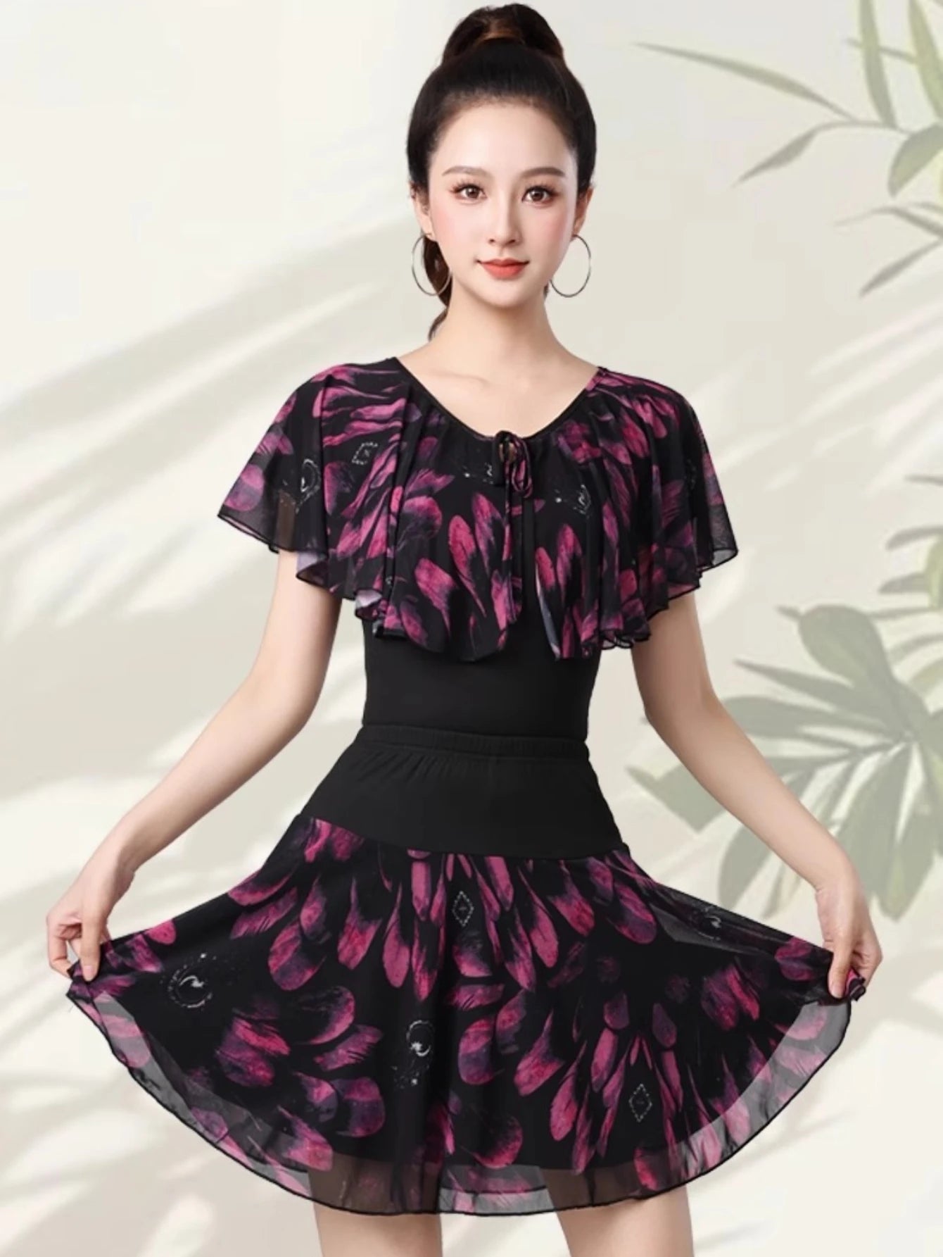 Women Samba Latin Dance Practice Suit Summer New Net Yarn Printed Modern Dance Performance Costume Square Modern Evening Dresses