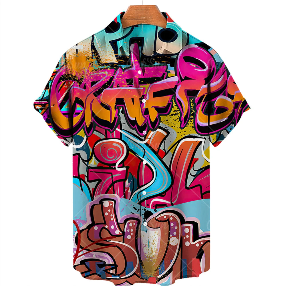 Hawaiian men's shirts, breathable, loose, with graffiti patterns of love, a popular trend in Europe and the United States cheap
