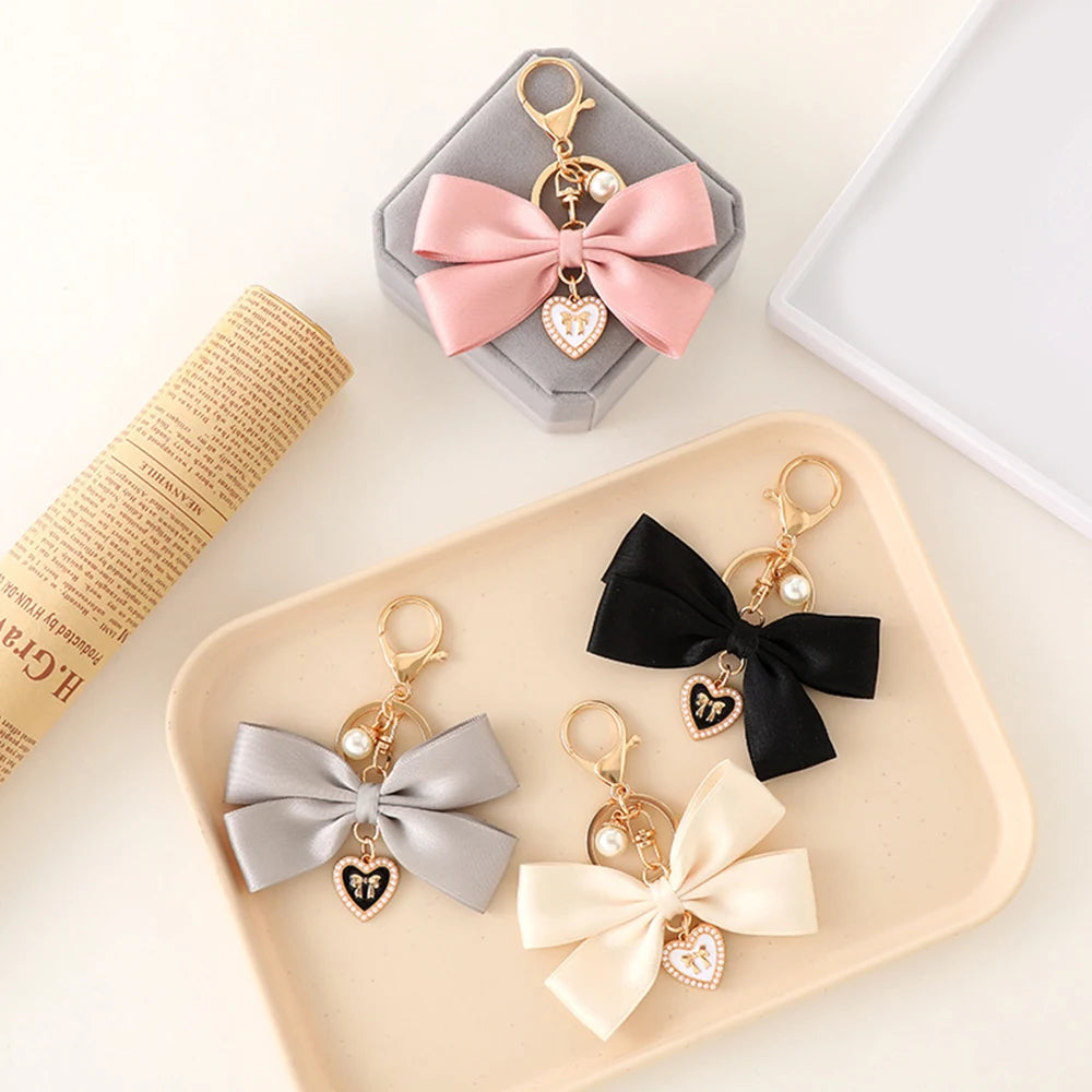 Imitation Pearl Keychain Sweet Fashion Ribbon Bowknot Keyring Accessories Metal Buckle Women Bag Charms Best Gifts Jewelry