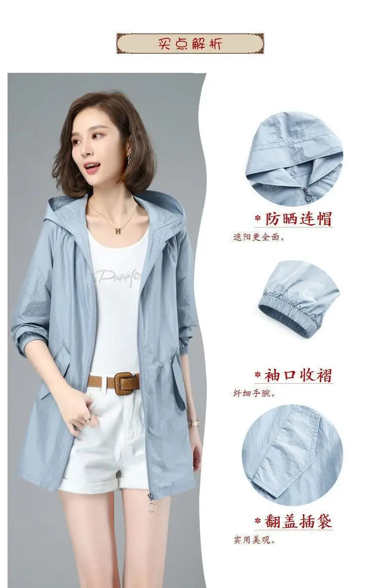 Women Thin Jacket New Sun UV-proof Hooded Coat Outdoor Long Sleeve Female 2023 Summer Windbreaker Casual Outerwear Top