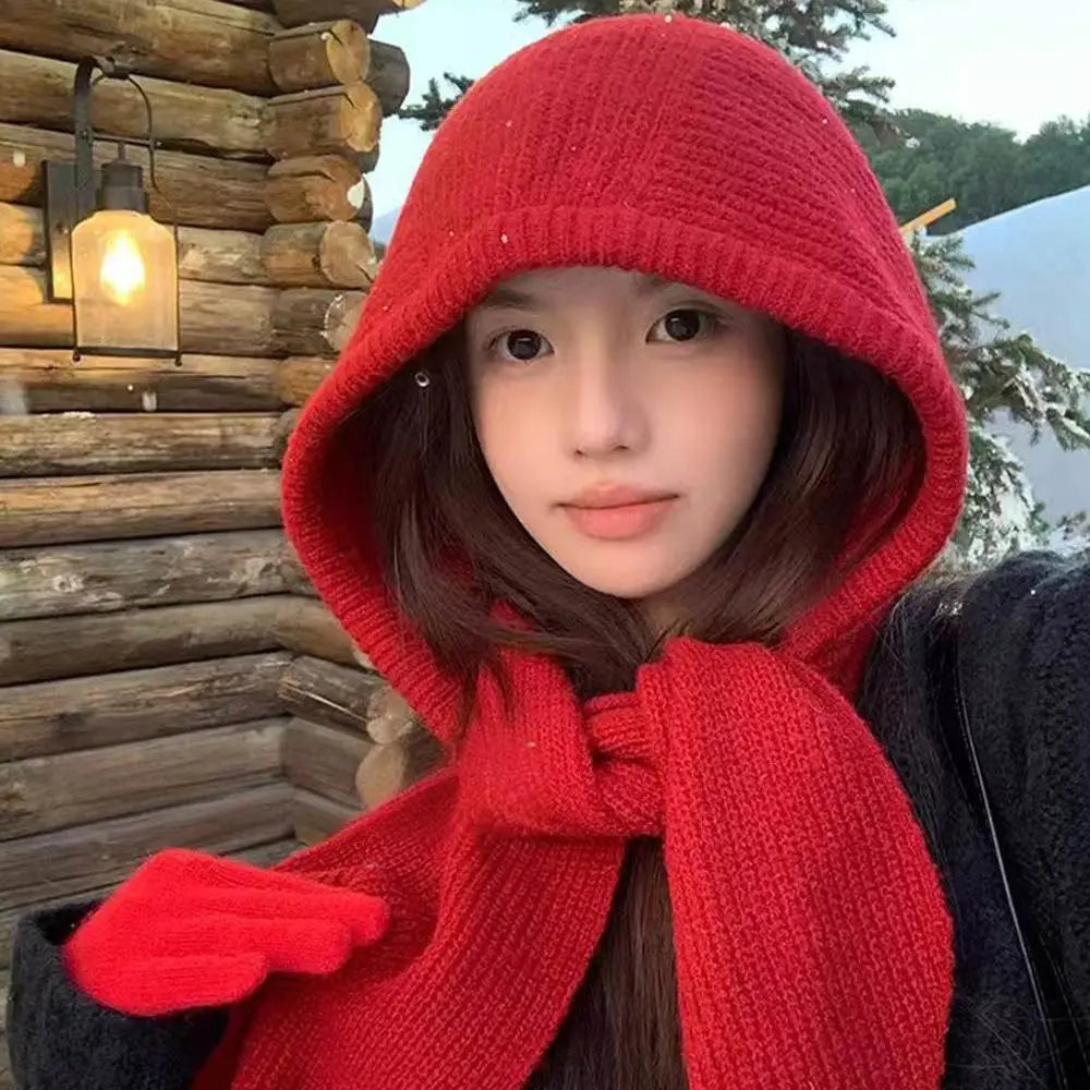 Knitted Winter Balaclava Thickened Hooded Hat Ear Protection Cap One-Piece Winter Accessories Neck Protection Scarf Y2K Style