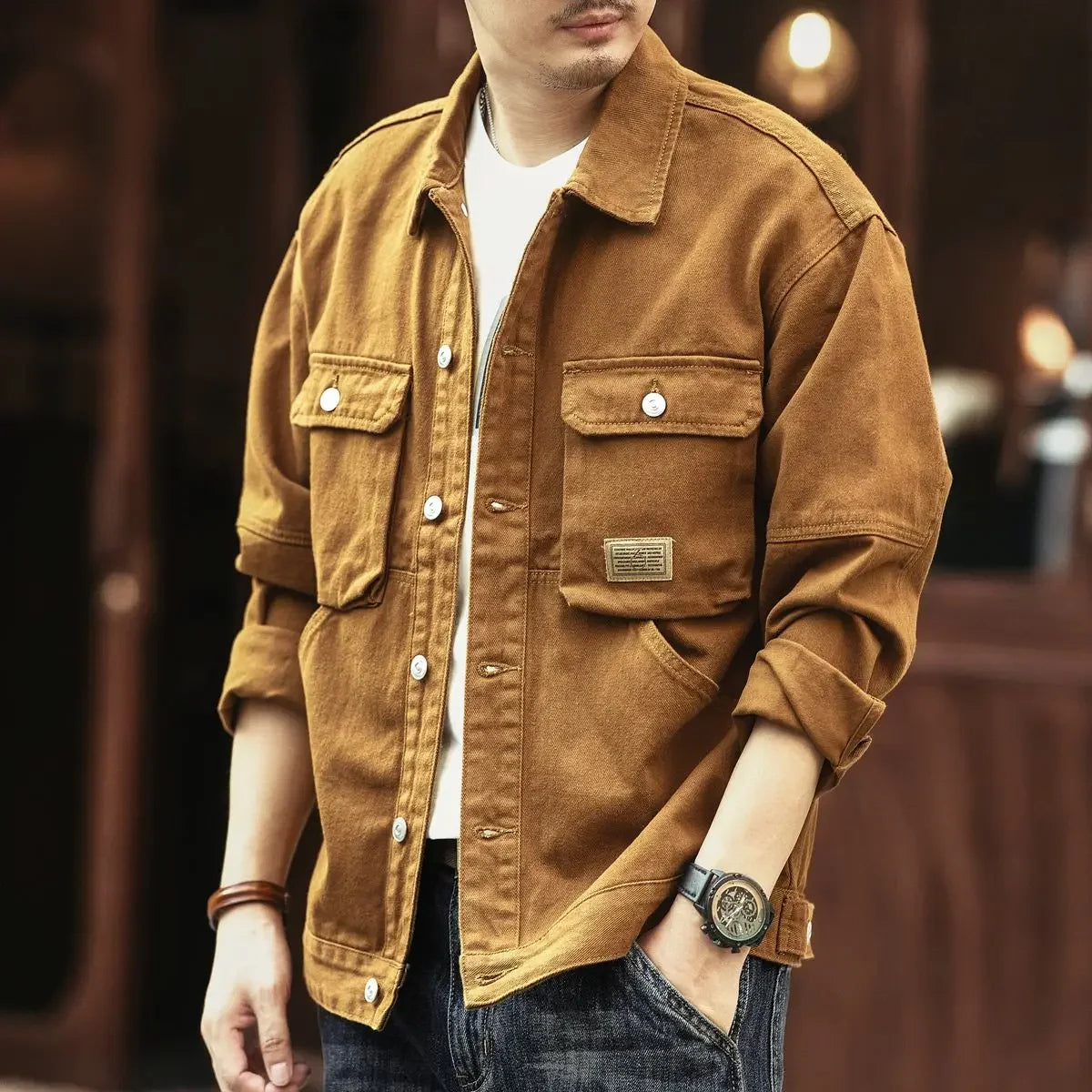 High end work jacket, men's spring and autumn trendy brand, loose American retro lapel jacket, casual and handsome denim jacket