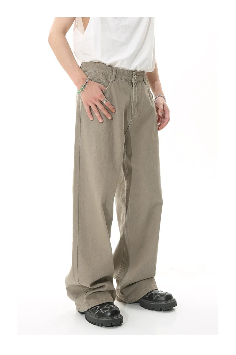 White Men Fashion Straight Loose Jeans Korean Style Mid High Denim Summer Versatile Wide Leg Trousers 2025 New Male Street Red