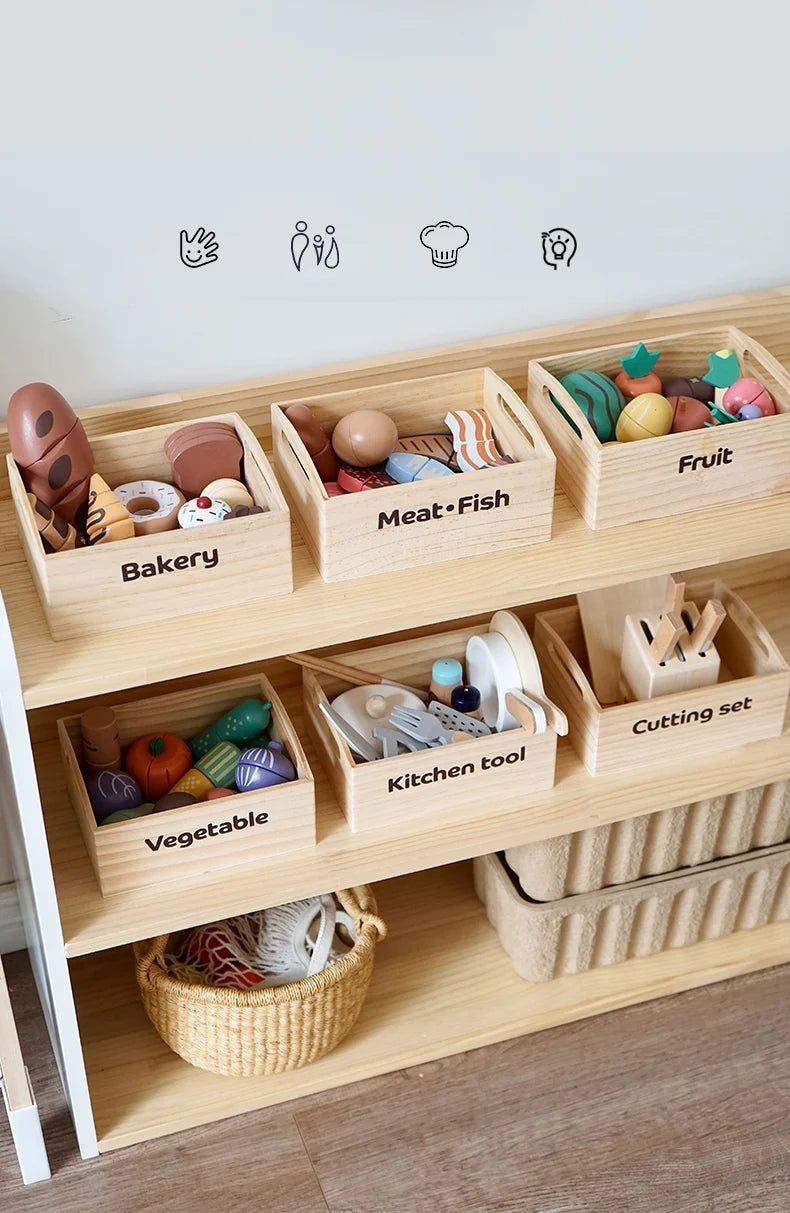Wooden Pretend Play Kitchen Toys Cutting Food Accessories Set Fruit Vegetable Bakery Meat fish Early Educational Cognition Toys