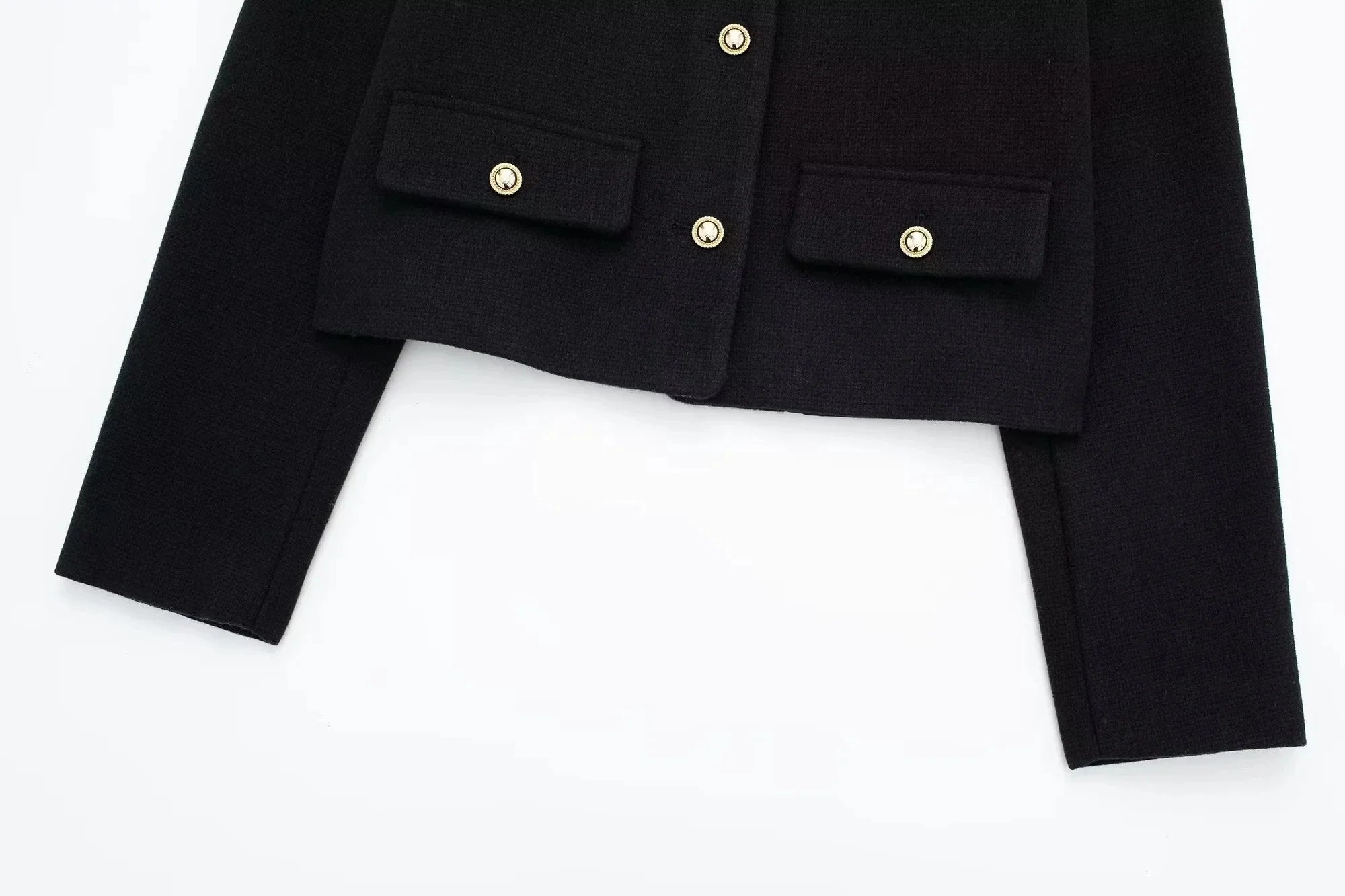 Women Elegant Cropped Jacket 2025 Women's Fashion Jacket O-Neck Long Sleeved Flip Pocket Coat Female Casual Outwear Tops