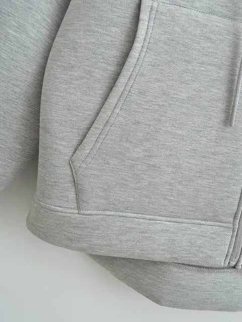 2025 Women Gray Jacket With Hood Long Sleeve Big Pocket Zipper Jacket Coat Woman Loose Casual Outerwear Coat Tops