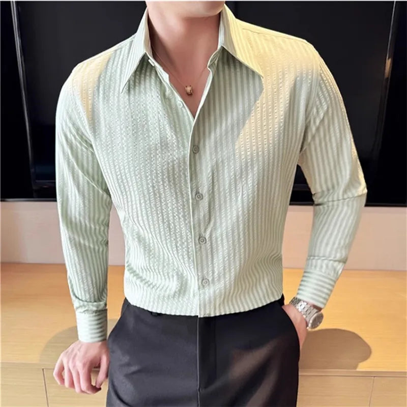 High Quality Men's Shirts Long Sleeve Striped Smart Casual Shirts Men Fashion Turn Down Collar Slim Fit Formal Office Shirt Tops