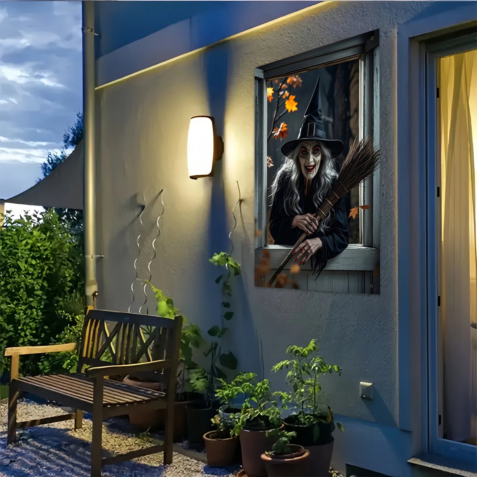 Halloween party, eerie witch window decoration with black cats and brooms, haunted house garden theme