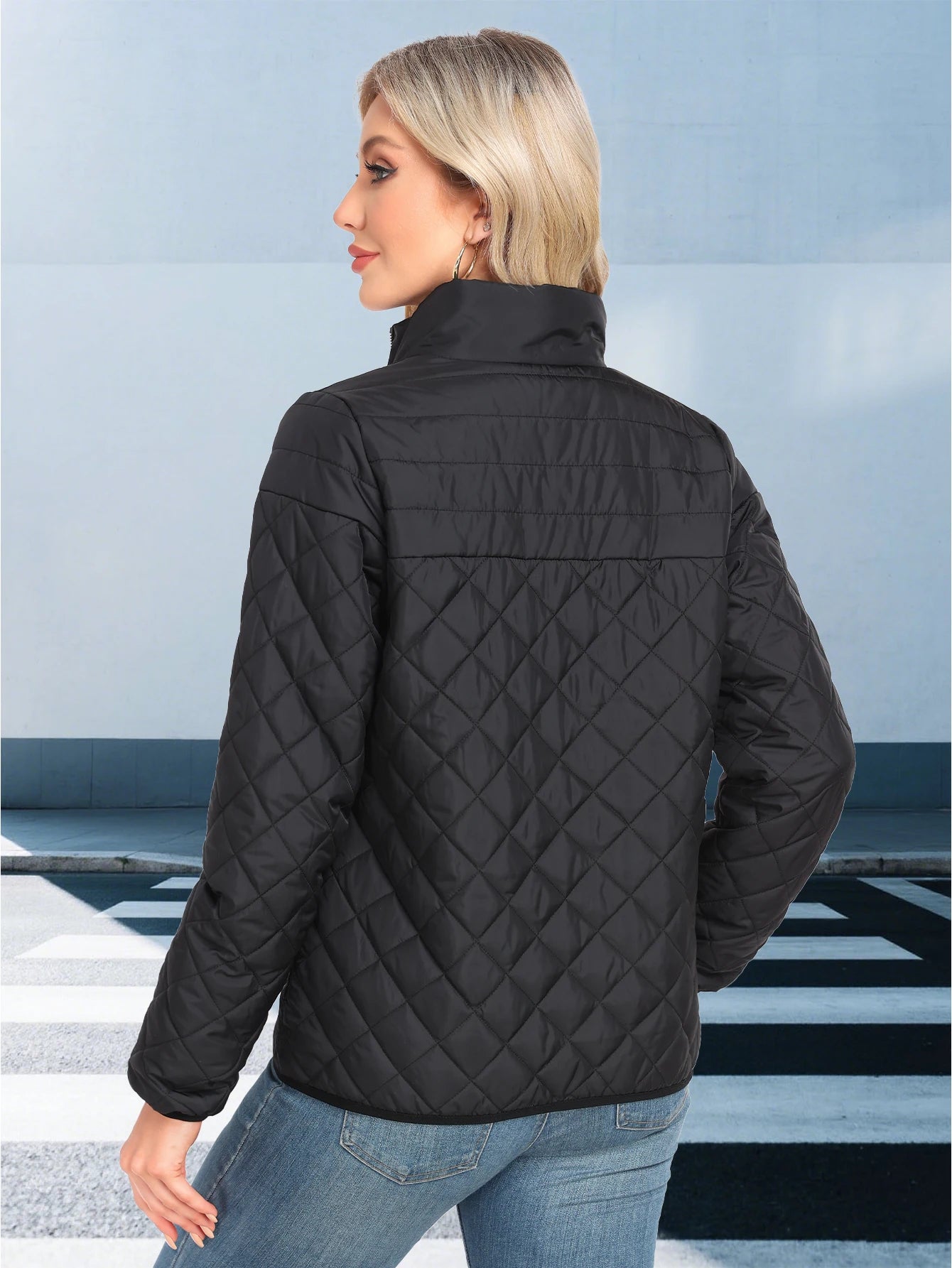 Women's Quilted Jacket With Zipper Simple Fashionable Casual Everyday Wear Coats Tops Black Spring Autumn