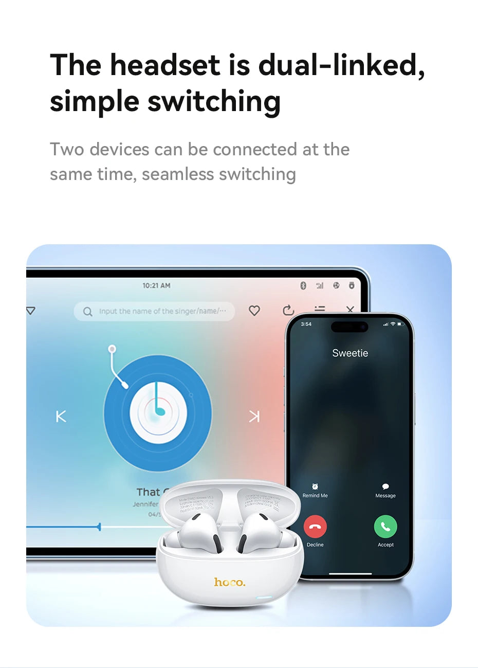 HOCO EW60 Wireless Bluetooth Headphones Tws Waterproof Earbuds Earphones HD Mic with touch Control Earbuds For Smartphones