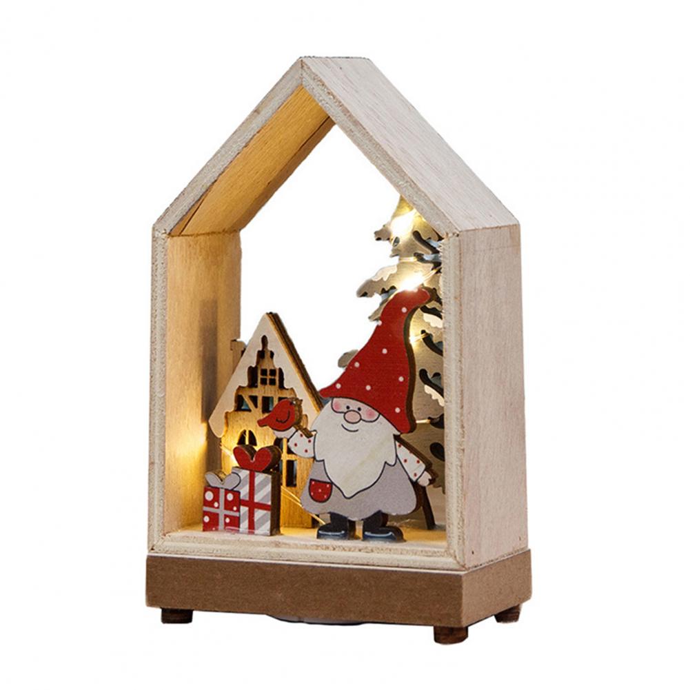Christmas Ornaments Xmas LED Wooden House Glowing Santa Claus Wooden House Ornament For Party Home Desktop Decor