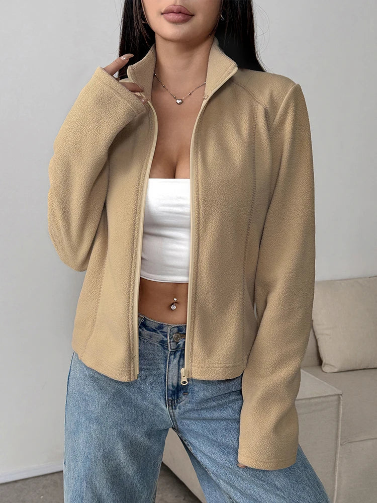 Women Fleece Jacket Top Autumn New Streetwear Fashion Long Sleeves Turn-Down Collar Zippers Coat Jacket Female's Sports Clothing