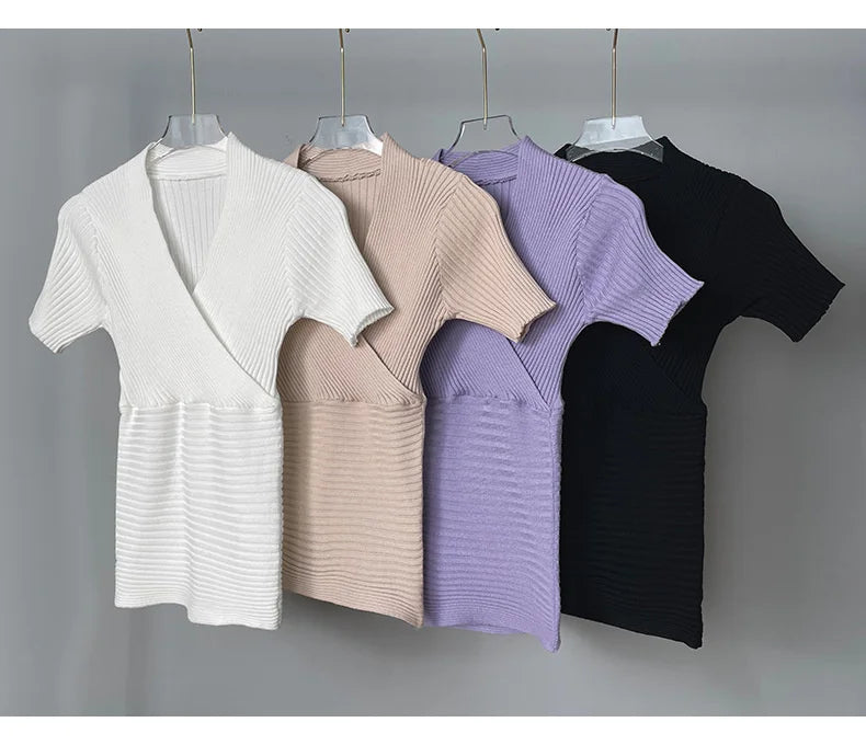 WOMENGAGA Korea Sexy V-neck High Waist Large Chest Tight Thin Knit Short Sleeve T-shirt Women's Hot Sexy Korean Women Tees 5INW