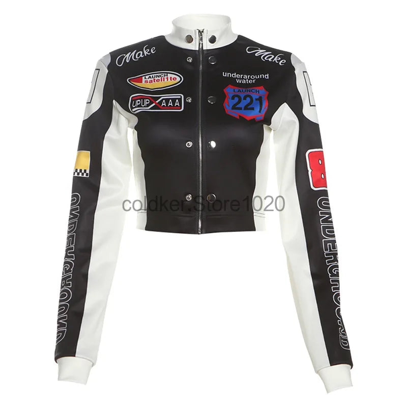 Women Fashion Hipster Pu Leather Jacket Y2K Letter Printed Hipster Motorcycle Jackets Spring Autumn Single-Breasted Casual Coat