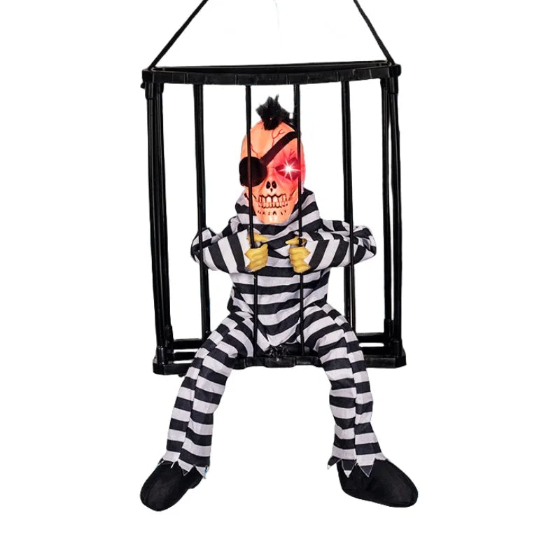 Halloween Decoration Prisoner Ghost In Cage Scary Skull Prop Electric Skeleton Toy Glowing Eye Sound Doll Hangable Talking Ghost