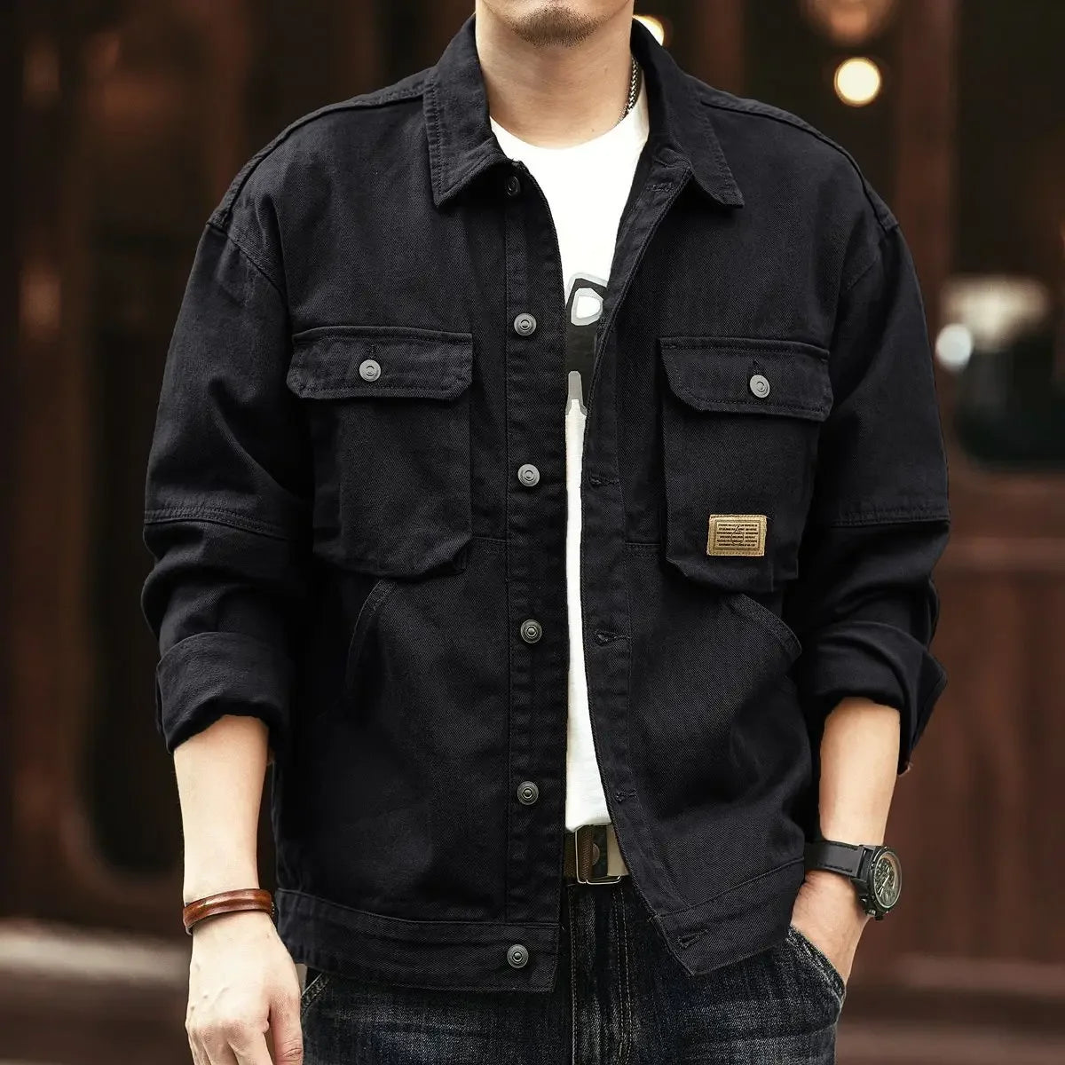 High end work jacket, men's spring and autumn trendy brand, loose American retro lapel jacket, casual and handsome denim jacket