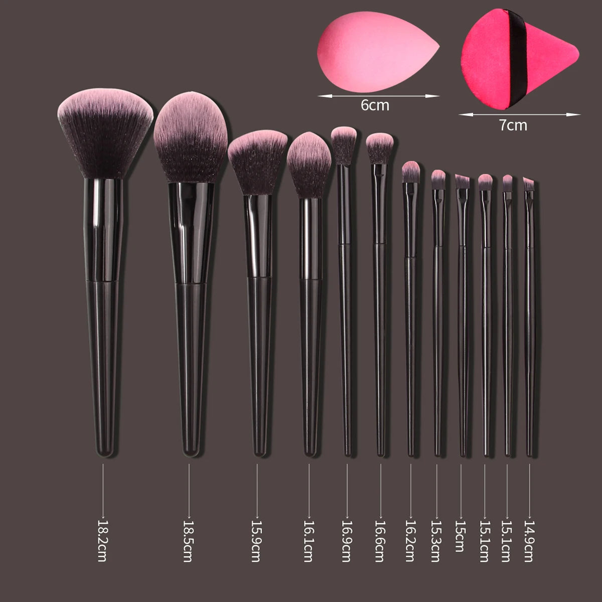 High-end makeup tools: 12 soft-bristled makeup brushes, 2 water-drop sponge eggs, and 2 double-sided triangular powder puffs