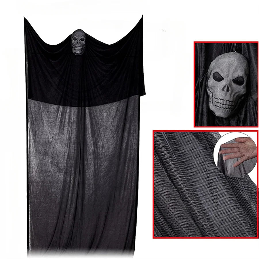 Halloween Decor Hanging Ghost Voice Control, Emitting Light and Sound, Terrifying Mask Gauze Skeleton Flying Ghost Scary Props