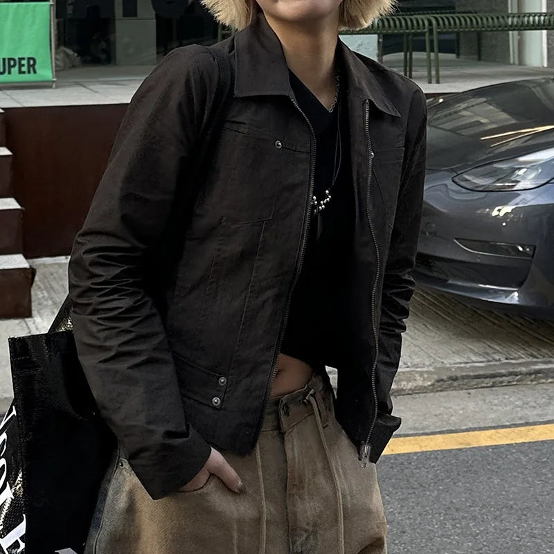 Women Jacket Pocketd Long Sleeve dCasual Zipper Coats Slim Fit Turn Down Collar Solid Outwear Elegant Lady Autumn