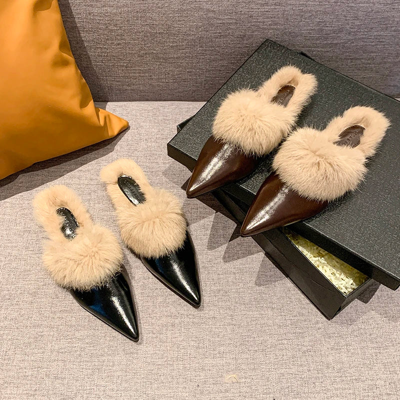 2025 New Shoes for Women House Slippers Platform Fur Flip Flops Slides Loafers Cover Toe Low Plush New Flat Basic Женская Обувь