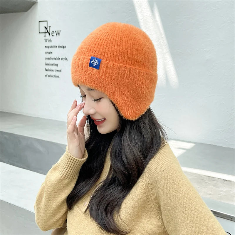 Winter Women Earflap caps Snowflake knitted hats Ear protection hats  Adult Ladies casual mohair beanie cap Gorros