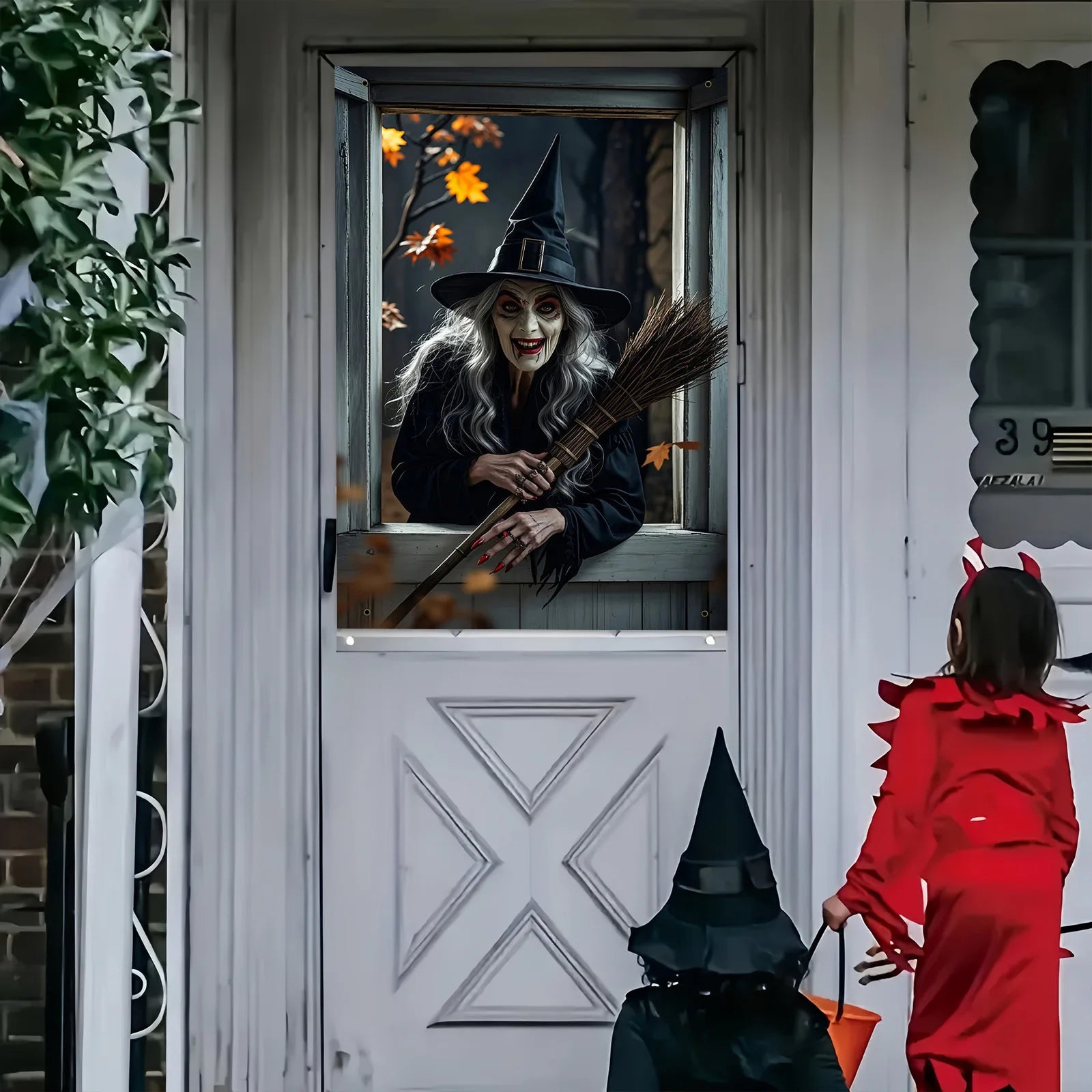 Halloween party, eerie witch window decoration with black cats and brooms, haunted house garden theme