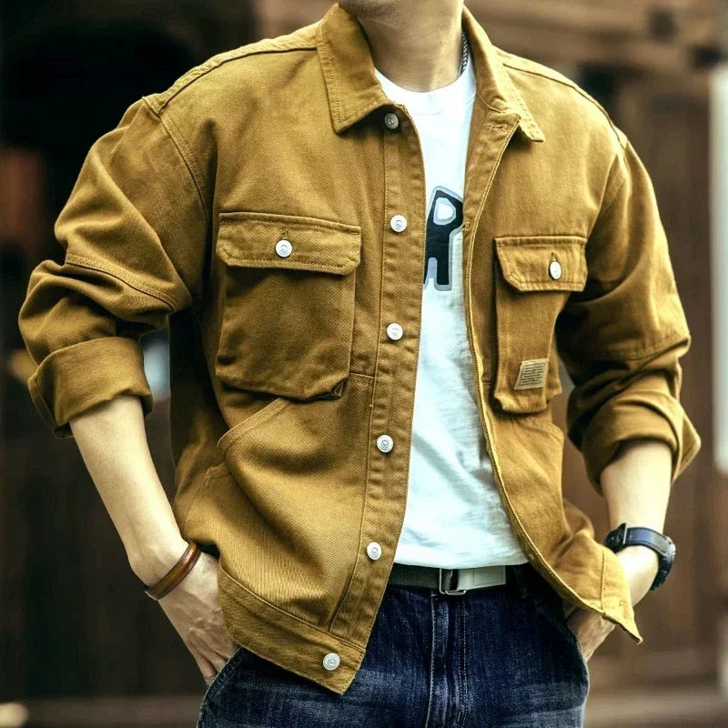 High end work jacket, men's spring and autumn trendy brand, loose American retro lapel jacket, casual and handsome denim jacket