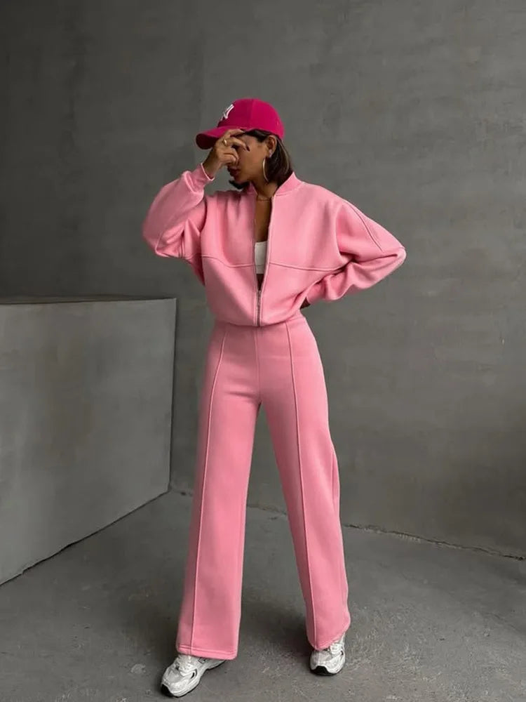 Women Sweatsuit Set Vintage O-neck Zipper Bomber Jackets High Waist Loose Pants Suit Female 2025 Spring Fashion Lady Sportswear