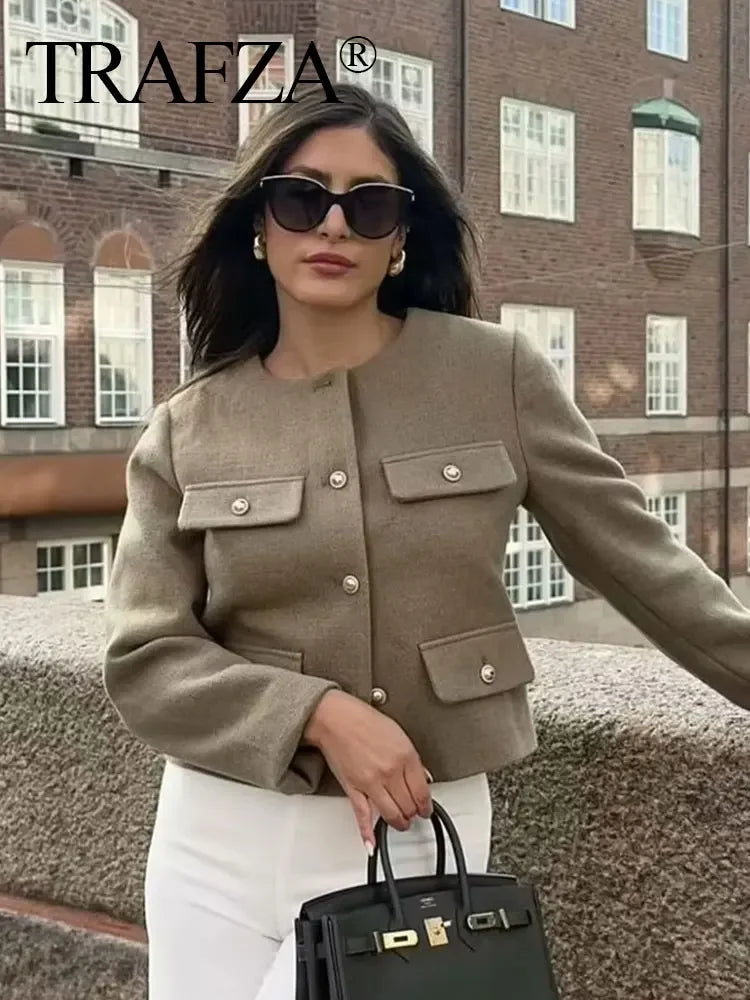 Women Elegant Cropped Jacket 2025 Women's Fashion Jacket O-Neck Long Sleeved Flip Pocket Coat Female Casual Outwear Tops