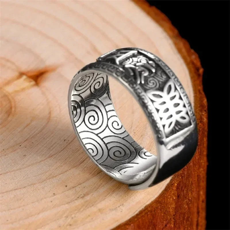 925 Silver Ring Male Finger Accessories Personality Retro Buddhist Scripture Mantra Om Mani Padme Hum Ring For Men Adjustable