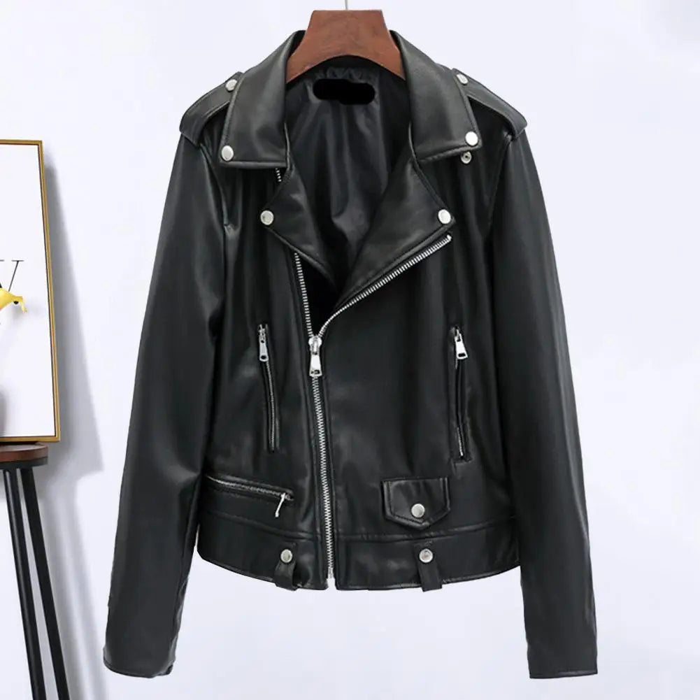 Women Jacket Faux Leather Turn-down Collar Zip-up Zipper jackets Long Sleeves Motorcycle Jacket Coat Travel Motor Outerwear