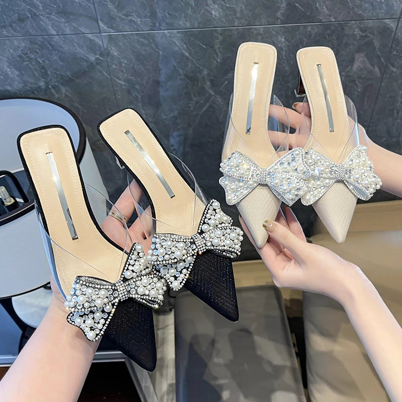 Sweet Shoes for Women Lovely Slippers Women Basic Slides Strange High Heels Solid Pointed Toe Butterfly-knot Summer Slippers