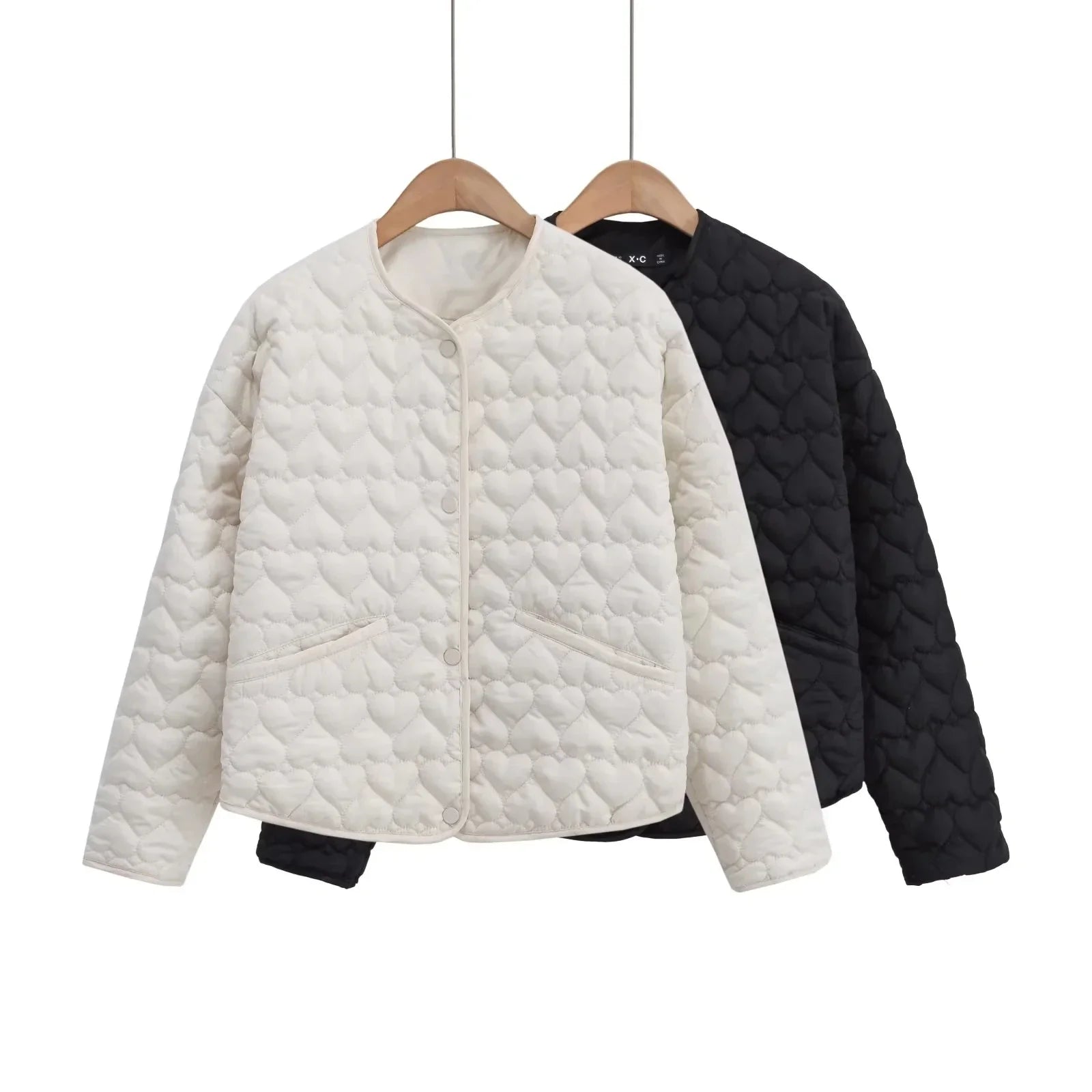 Women Heart Padded Jackets Autumn Winter Long Sleeve Round Neck Coats Solid Color Outerwear Female Warm Parkas Chic Streetwear