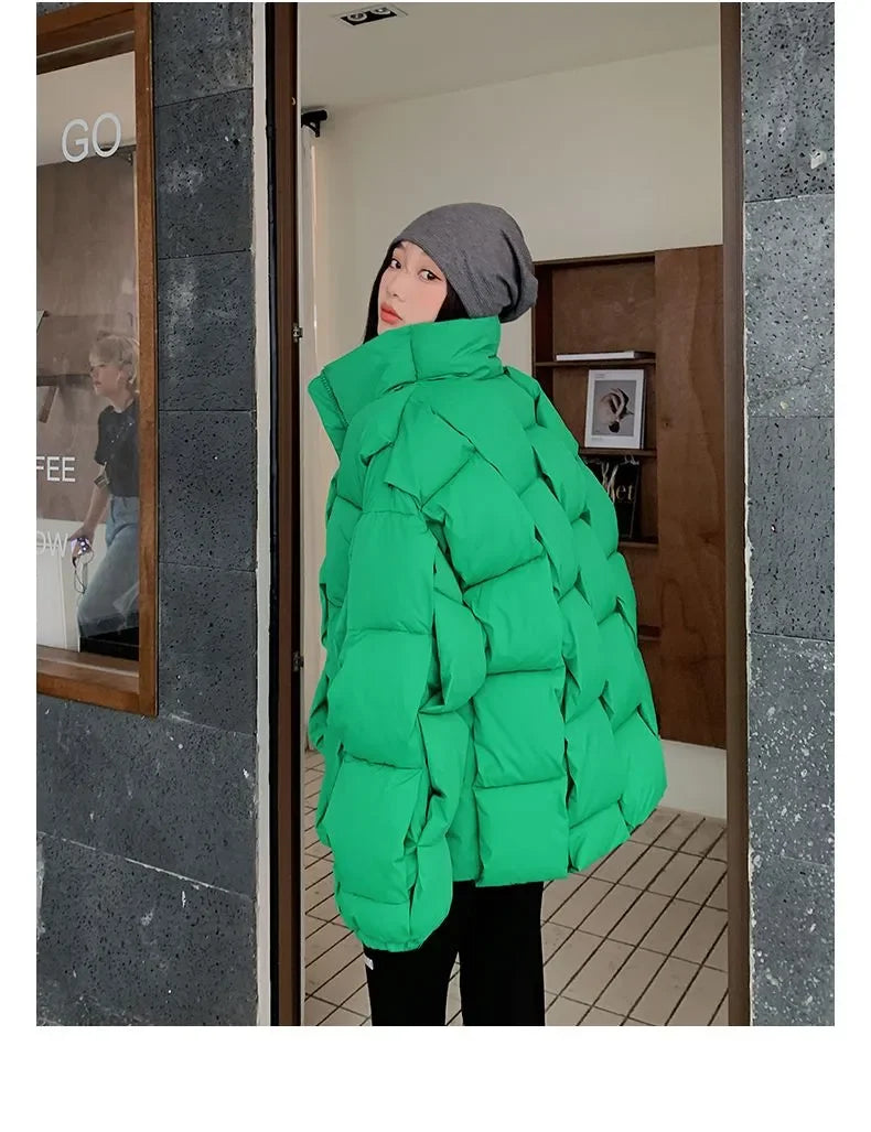 Winter Jacket for Women Three-dimensional Plaid Woven Fashion Coat Solid High Street Warm and Thick 2023 Winter New Down Jacket