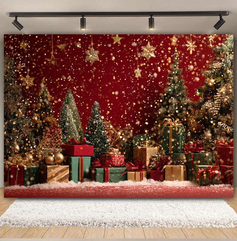 Christmas Day Decor Backdrop for Photography Xmas Tree Red Room Wall Glitter Gift Family Holiday Portrait Decor Photo Background