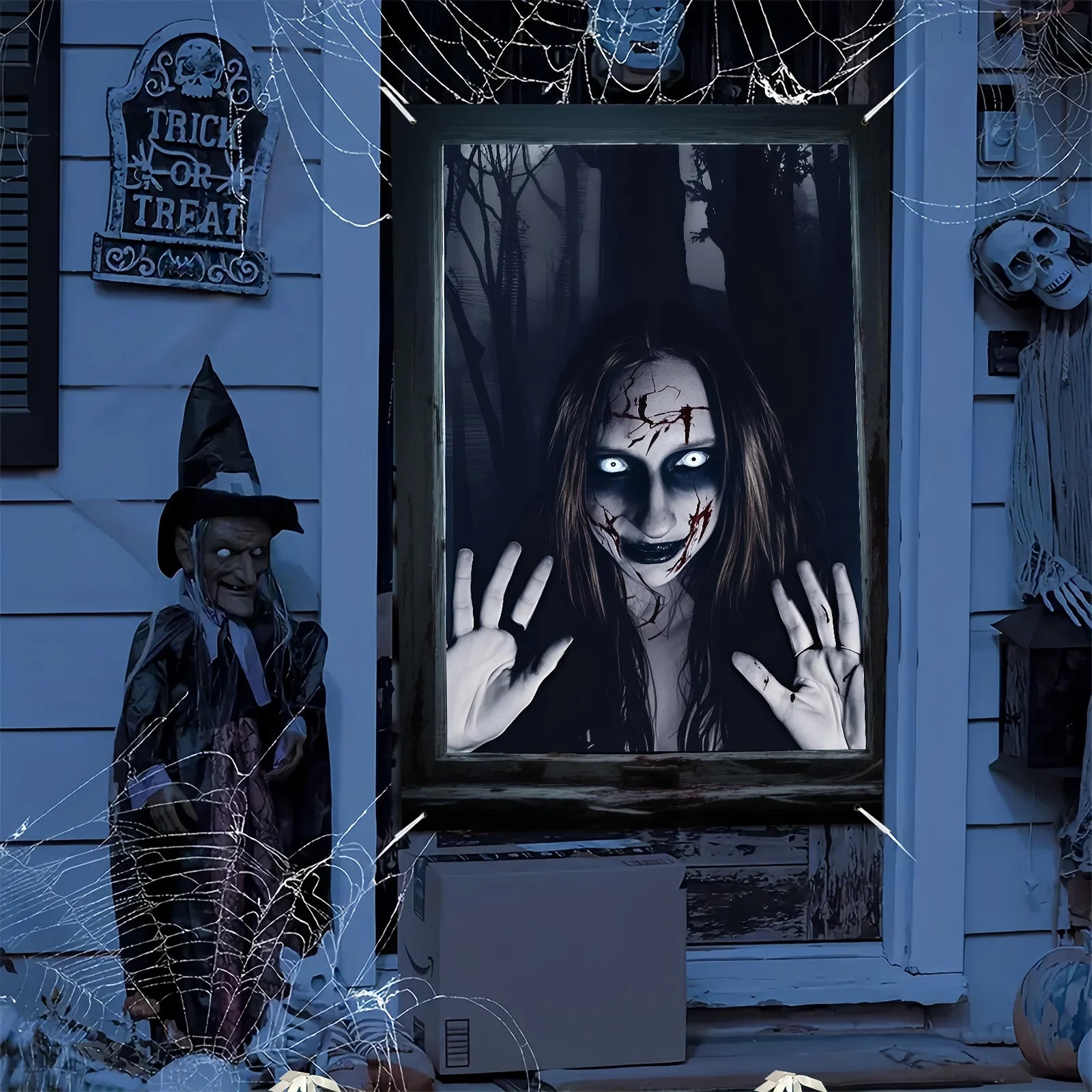 Halloween horror party, forest monster design window decorations, indoor and outdoor decorations, eerie atmosphere