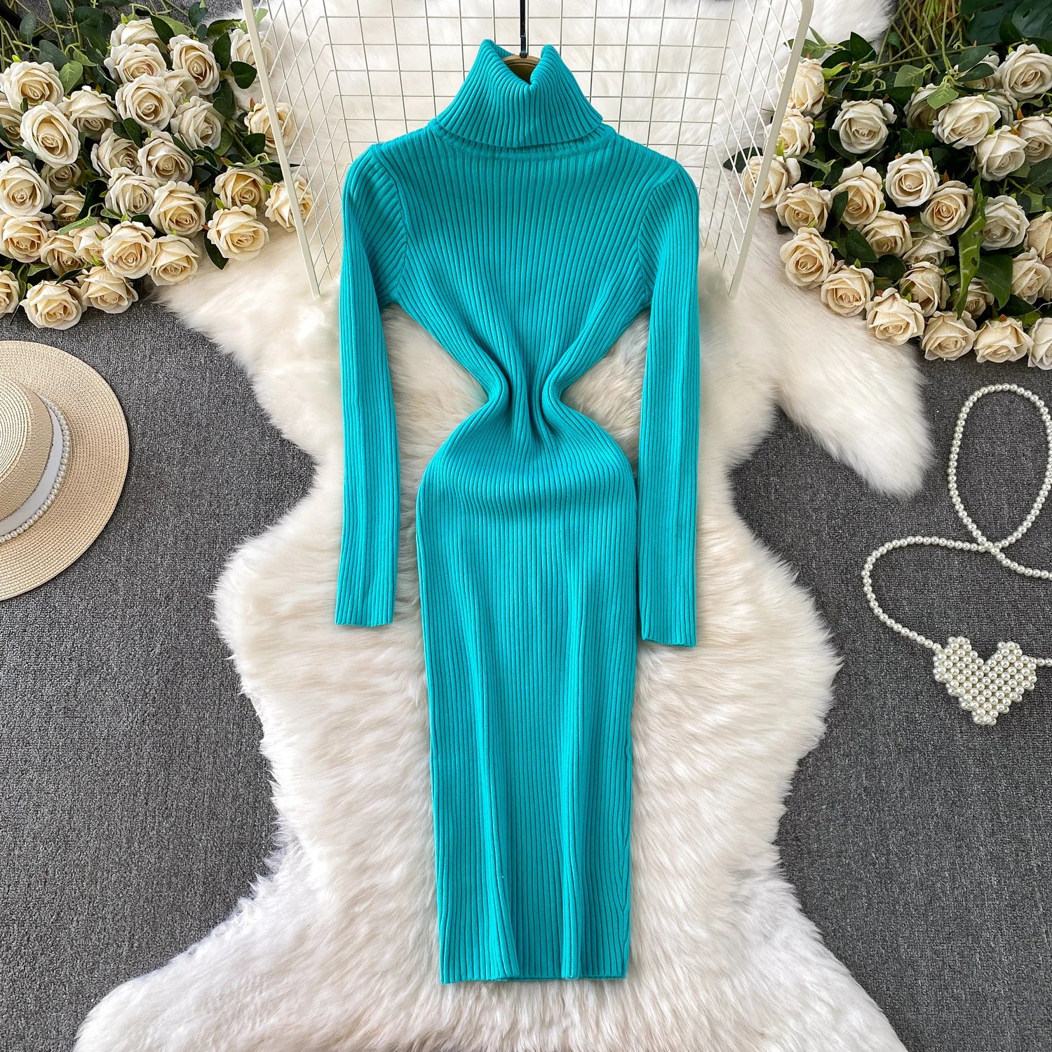 Women Winter Turtleneck Knittign Dress Stretch Slim Long Sleeve Soft Knitwear Dresses Female Casual Lining Simple Bottom Vestido