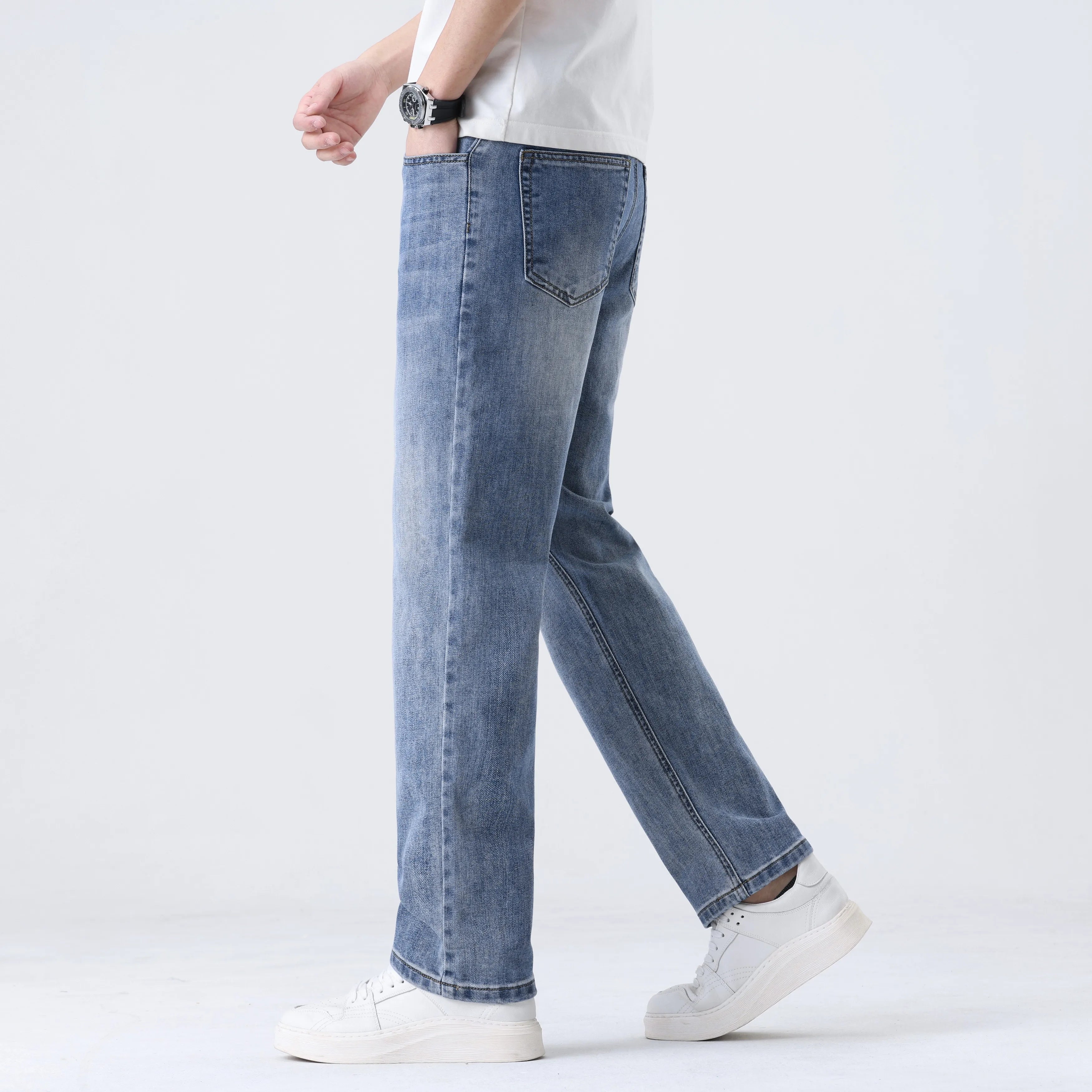 2025 New Loose Straight Leg Jeans for Men  Comfort Thin Stretch Cotton Blend Moisture-Wicking Casual Trousers for Daily Wear