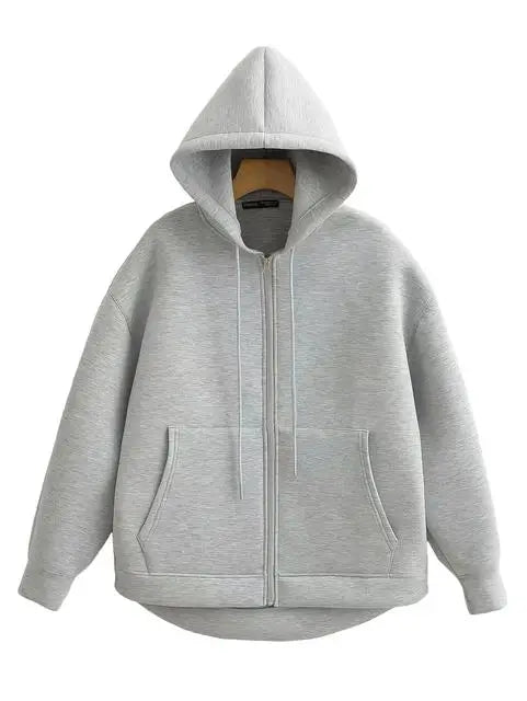 2025 Women Gray Jacket With Hood Long Sleeve Big Pocket Zipper Jacket Coat Woman Loose Casual Outerwear Coat Tops