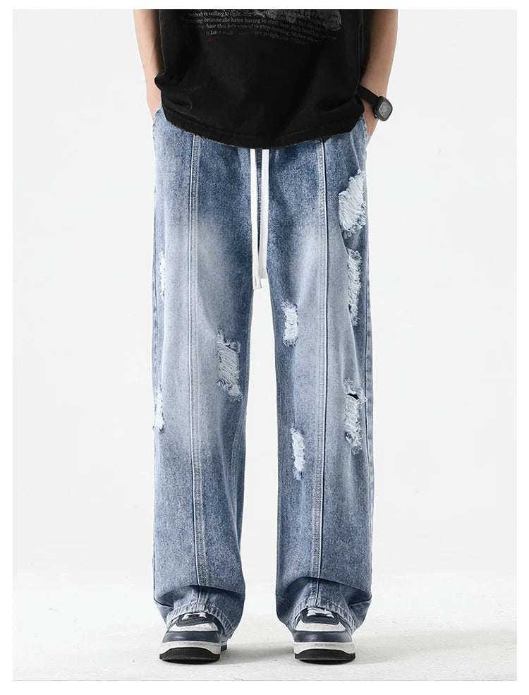 Men's Summer Ripped Jeans Loose Straight Leg Retro Men Draw Rope Port Fashion Brand All-match Casual Pants