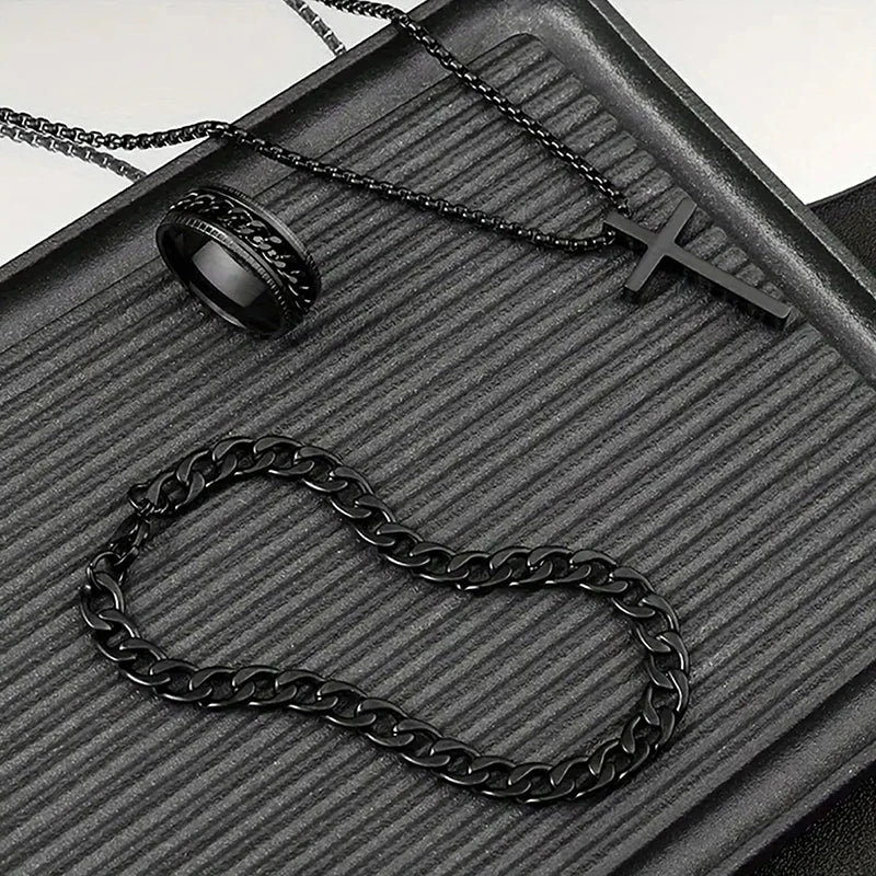 Men's Set Simple Personality Hip Hop Party Jewelry Accessories 3Pcs Punk Cross Pendant Necklace Bracelet Chain Ring