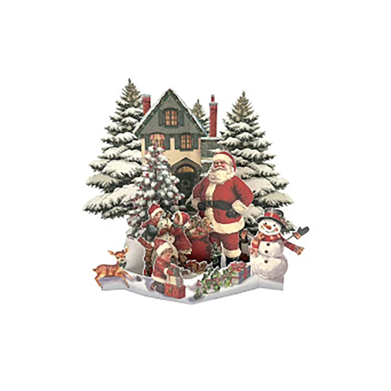 Christmas Scene 3D Christmas Card Night Before With Santa, Reindeer, Snowy Village & Moonlit Sky Festive Holiday Greeting Card F