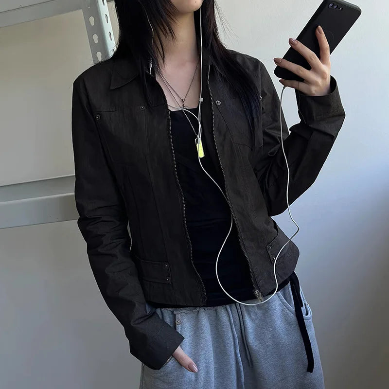 Women Jacket Pocketd Long Sleeve dCasual Zipper Coats Slim Fit Turn Down Collar Solid Outwear Elegant Lady Autumn