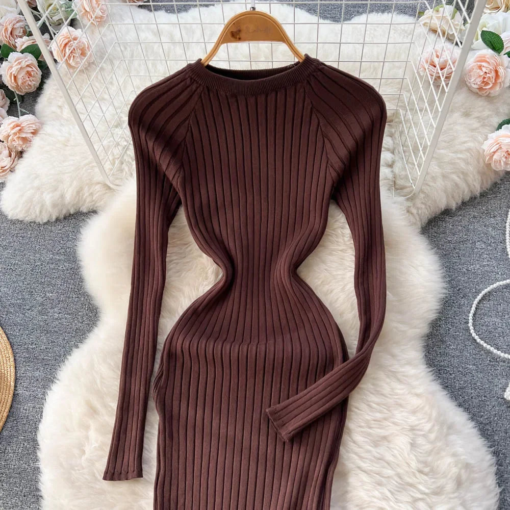 Women Knitted Dress O Neck Sexy Slim Elastic Oversized Basic Bodycon Long Dress Winter knit Warm Sweater Dresses