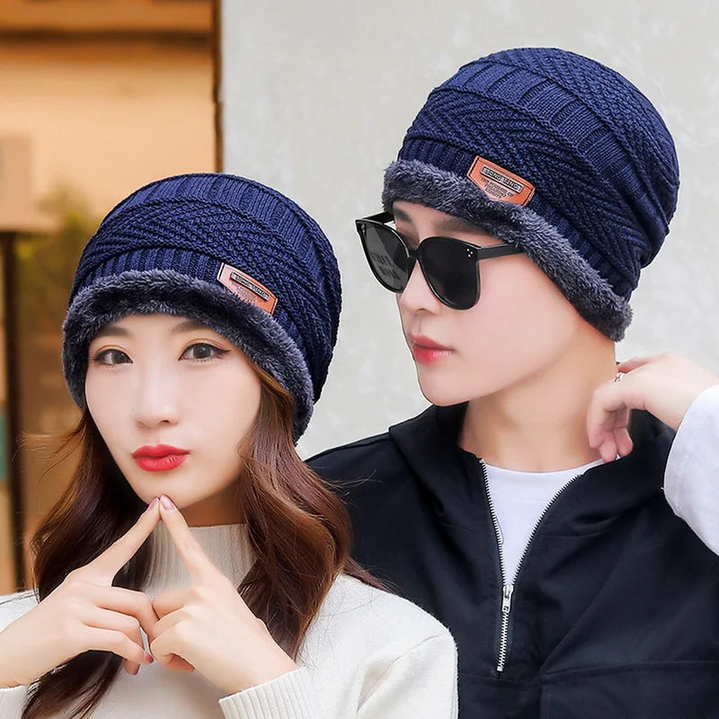 Winter Hat For Men Fleece Scarf Women Neck Leather Knitted Cap Thick Wool Neck Warmer Balaclava Ski Mask Skullies Beanies