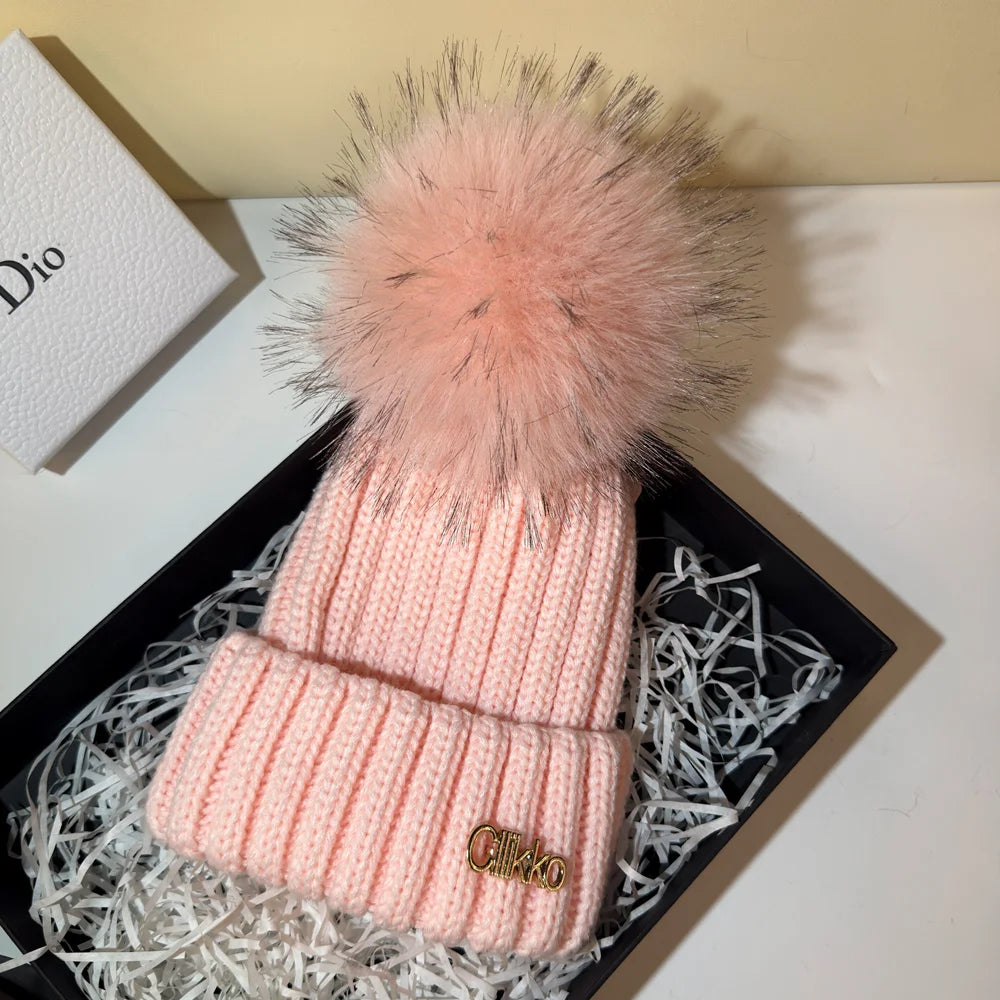 Winter Brand Female Fur Pom Poms hat Winter Hat For Women Girl 's Hat Knitted Beanies Cap Hat Thick Women Skullies Beanies