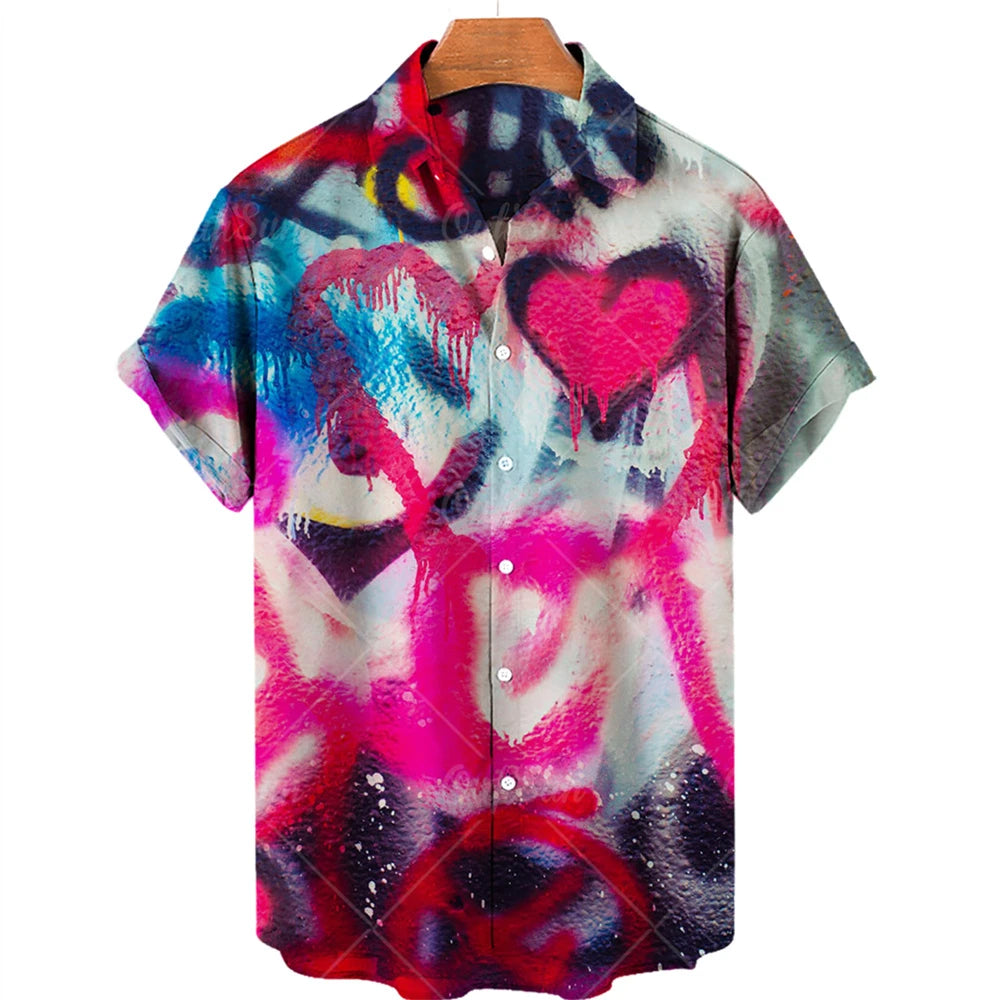 Hawaiian men's shirts, breathable, loose, with graffiti patterns of love, a popular trend in Europe and the United States cheap