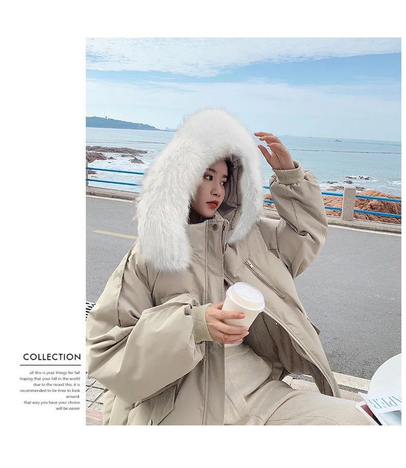 Winter Down Jacket Women Parkas Mid-length Big Fur Collar Hooded Women's Jacket Warmth Jacket Ladies Outwear Jacket for Women